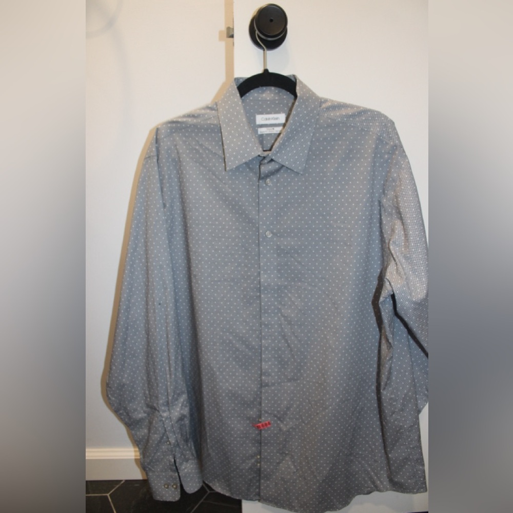 Calvin Klein Men’s Gray Polka Dot Dress Shirt | Long Sleeve | XL